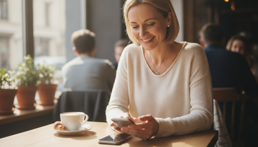 Femme de 45 ans souriante avec un smartphone dans un café, appli gratuite