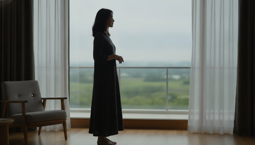 Femme de 45 ans pensive devant une fenêtre, crise de la quarantaine