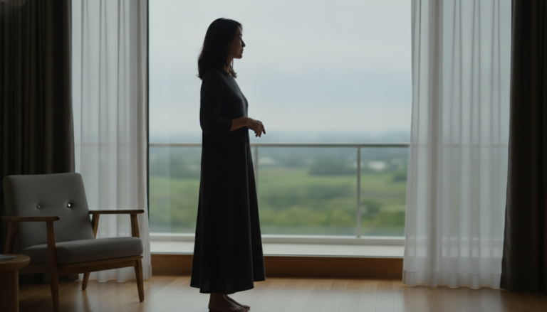 Femme de 45 ans pensive devant une fenêtre, crise de la quarantaine
