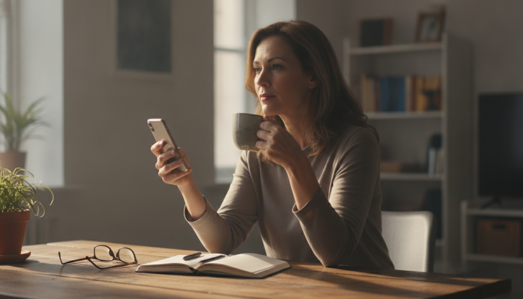 Femme de 45 ans réfléchie tenant un téléphone, retour de l'ex